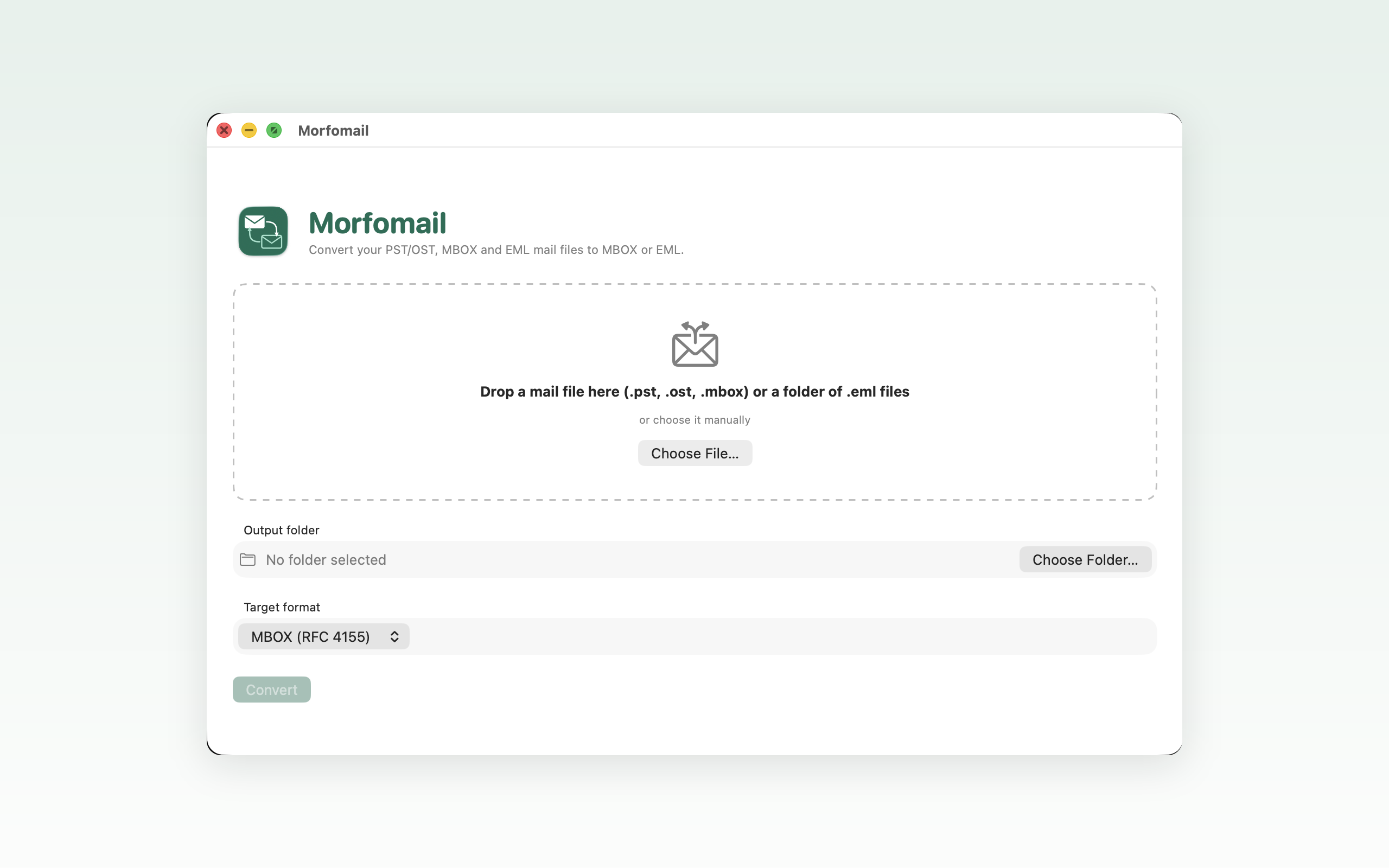 Morfomail app on macOS showing the mailbox conversion window